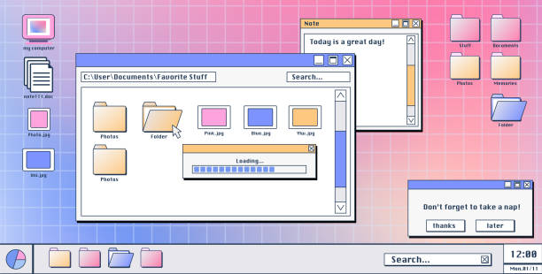 Computer screen with 90s retro software windows Computer screen with 90s retro software windows open on desktop. Vector illustration of folder, file, document, loading progress bar icons and pop-up notifications. Vaporwave user interface design windows folder icon stock illustrations