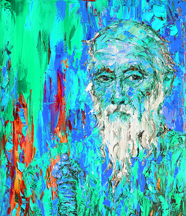 Artistic illustration oil painting impressionism portrait of  elderly man with a beard on a blue background