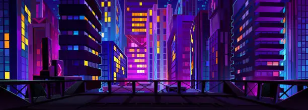 Vector illustration of Modern night city view from top of roof