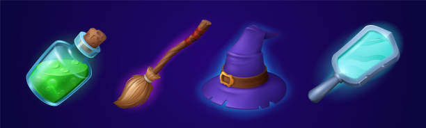 ilustraciones, im�ágenes clip art, dibujos animados e iconos de stock de conjunto de accesorios de bruja aislados sobre fondo oscuro - wizard magic broom stick