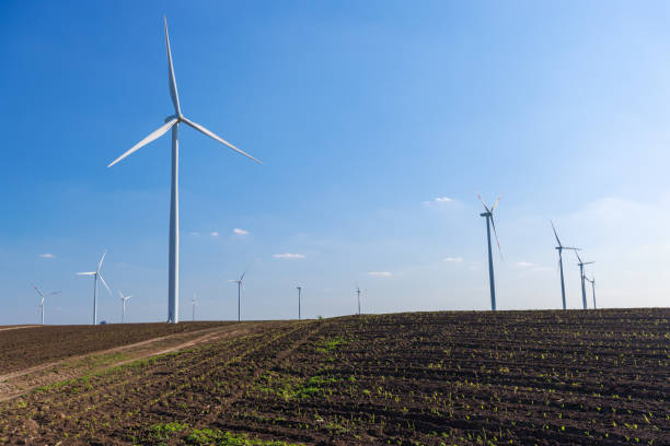 istock Wind farm on agricultural field under the blue sky 1473485217
