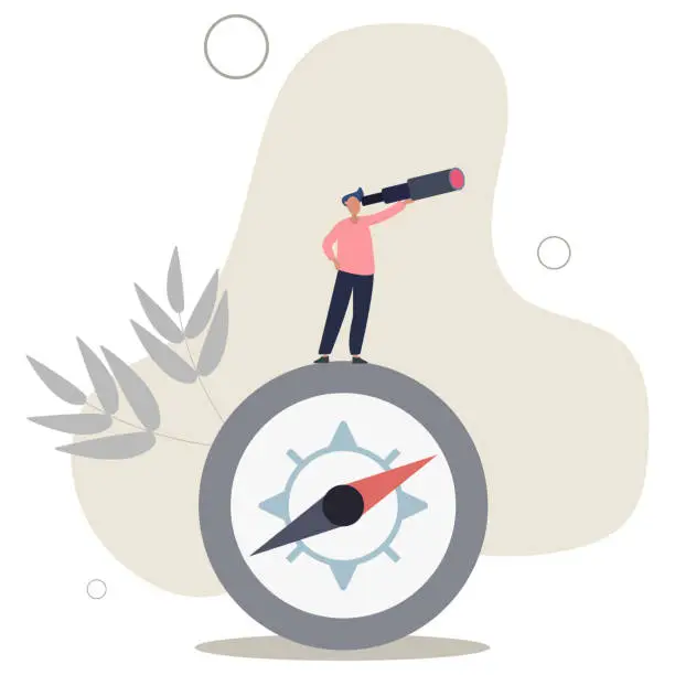 Vector illustration of Business compass guidance direction or opportunity, make decision for business direction, finding investment opportunity, leadership or visionary concept.flat vector illustration.