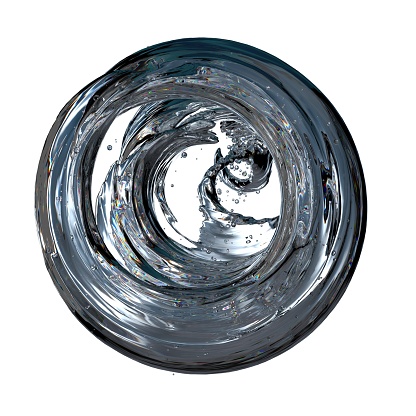 Isolated 3D rendering fresh and clean graphic design element material looking up into a transparent fluid sophisticated twisted water drop High quality 3d illustration.