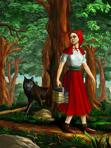 Red riding hood going through the wood. Digital painting.