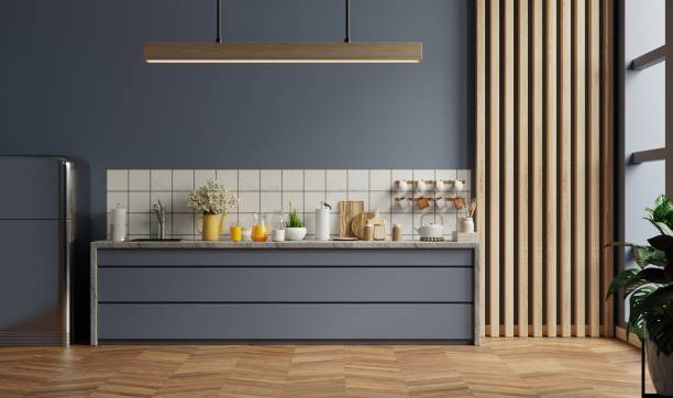istock Modern style kitchen interior design with dark blue wall. 1473492454