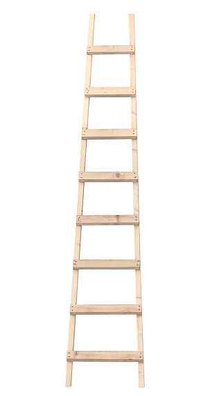 Wooden construction ladder, vertical isolated timber stepladder, large detailed closeup, light rough beige wood, brand new, white background