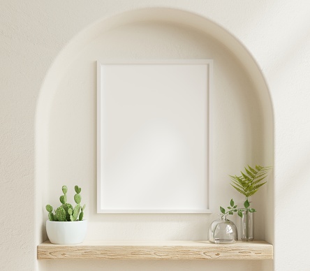 Poster frame mockup with vertical white frame in home interior background.3d rendering