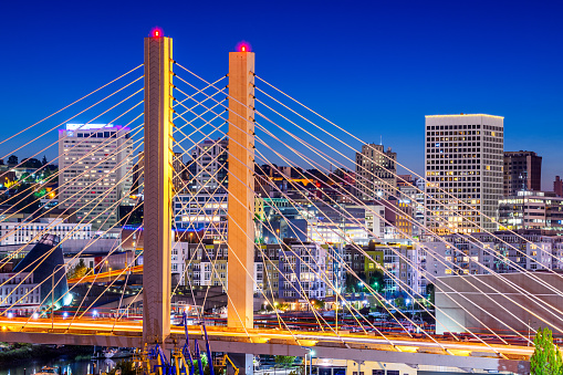 Tacoma, Washington, USA cityscape with East 21st Street Bridge at night.