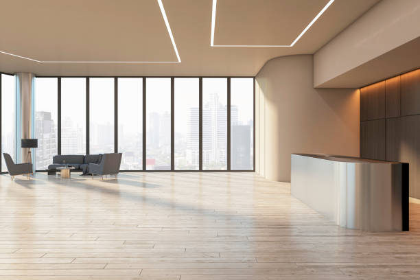 istock Empty wooden floor with space for your product presentation in modern interior design office hall with metallic reception desk, furniture, city view from panoramic window. 3D rendering, mockup 1473495053