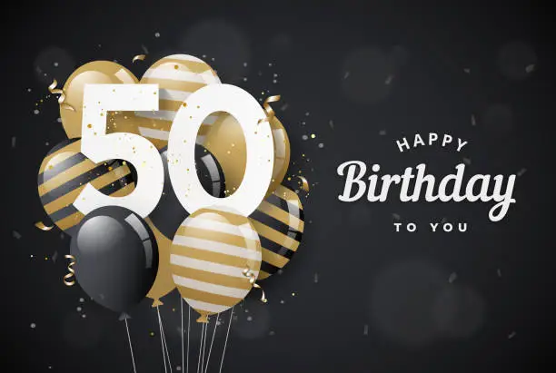 Vector illustration of Happy 50th birthday balloons greeting card black background.