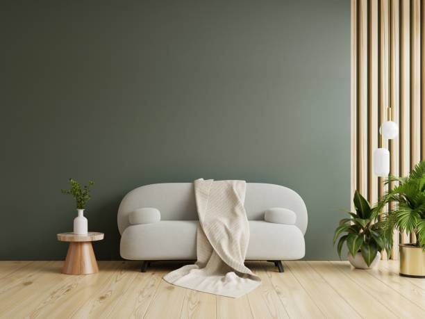 istock Living room interior with gray sofa on dark green wall background. 1473495201