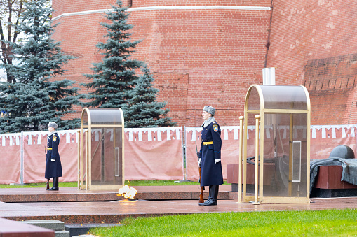 Moscow, Russia - 12 November, 2022: Military guard of honor at the Tomb of the Unknown Soldier at the Eternal Flame in the Alexander Garden.