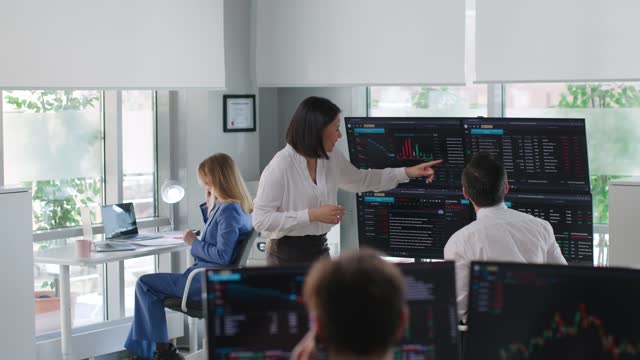Financial manager discuss graphs on multiple screens with analyst in modern finance company