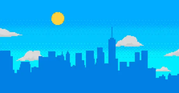 Vector illustration of Day time cityscape pixel background. Hight buildings silhouette and white clouds. 2d pixel video game daytime with modern skyscrapers in city.