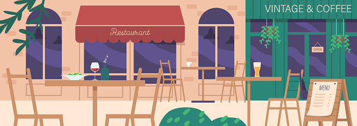 Vintage Street Cafe Exterior With Outdoor Terrace. Cozy And Inviting Atmosphere of Coffee Shop with Chairs and Tables, Nice Place Facade To Enjoy A Cup Of Coffee Or Meal. Cartoon Vector Illustration
