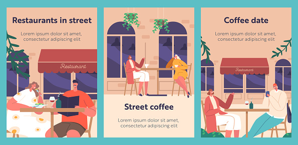 Cartoon Banners with People Chatting And Enjoying Drinks and Meals in Street Cafe. Characters Sitting at Outdoor Tables in Ambiance And Social Urban Atmosphere. Vector Illustration, Posters