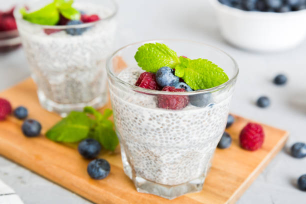 istock Healthy breakfast or morning with chia seeds vanilla pudding raspberry and blueberry berries on table background, vegetarian food, diet and health concept. Chia pudding with raspberry and blueberry 1473497802