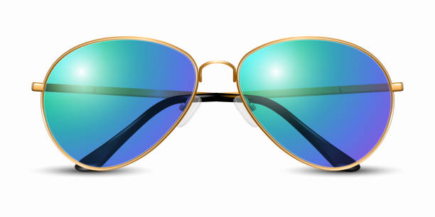 istock Vector 3d Realistic Modern Unisex Frame Glasses. Golden Color Frame. Purple and Blue Transparent Sunglasses for Women and Men, Accessory. Optics, Lens, Vintage, Trendy Glasses. Front View 1473498032