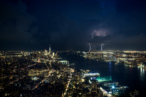 Storm and lightning above the skyline of New York City and Jersey City