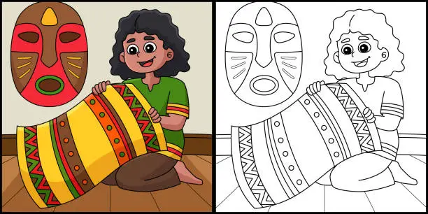 Vector illustration of Kwanzaa Girl Holding Mkeka Coloring Illustration