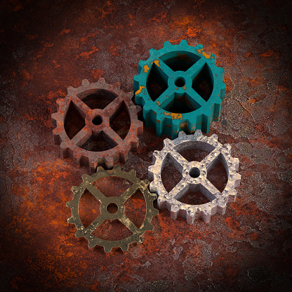 Rusted Gears Standing on Rusty Ground. 3d Rendering