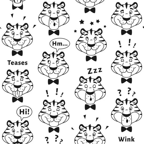 Vector illustration of Black and white outline tiger seamless pattern. Cute cartoon animal character head for kids coloring book page design. Wrapping paper cover fabric background repeat tile. Creative vector illustration.