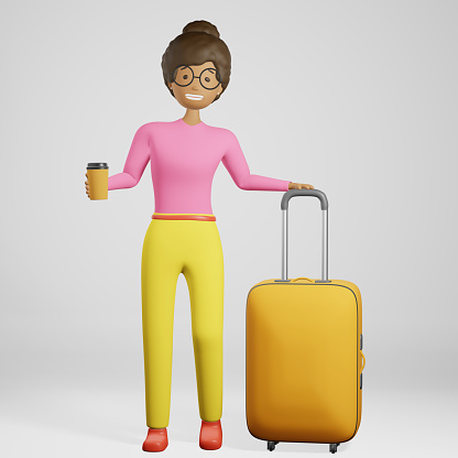 Smiling African American girl traveler yellow suitcase luggage coffee 3d rendering banner. Modern airplane travel advertising. Summer vacation airport flight sea journey. Diverse multiethnic passenger