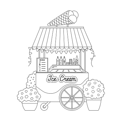 Ice cream stand summer street food black and white outline. Gelato shop take away ice cream stand with signboard, gelato trays, cones, menu sign, pot flowers, pennants.