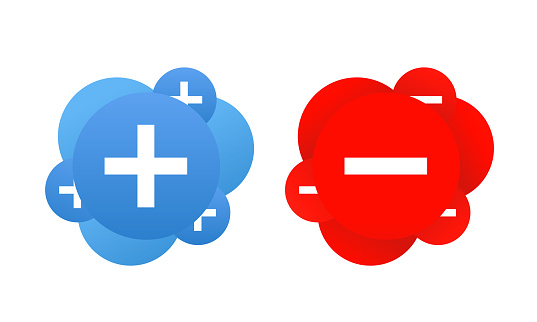 Set of plus and minus sign icons, buttons. Flat round positive and negative symbol stickers. Atom molecules. Vector illustration