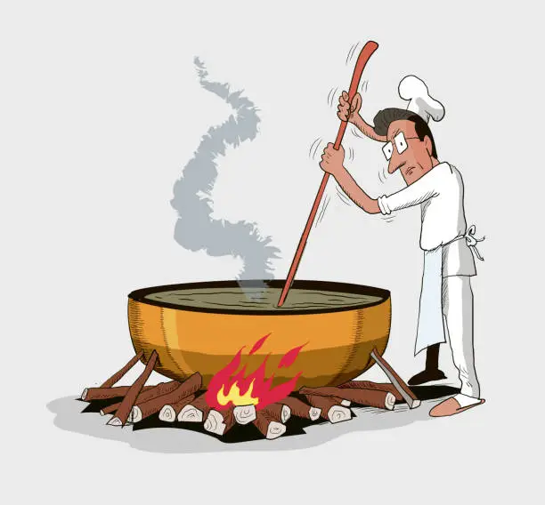 Vector illustration of The Cook Stirs a Giant Cauldron on a Wood Fire
