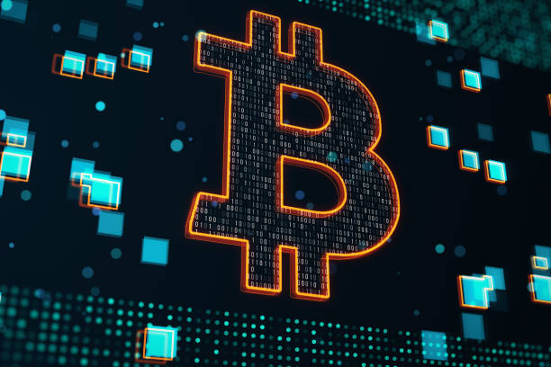 istock Cryptocurrency and digital money exchange concept with glowing bitcoin symbol covered by binary code on abstract dark technological background with blue pixels. 3D rendering 1473504014