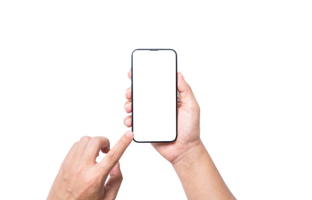 istock Isolate of Hand holding  blank screen of smartphone on white background with clipping path for mockup advertisement and social icon. 1473504067