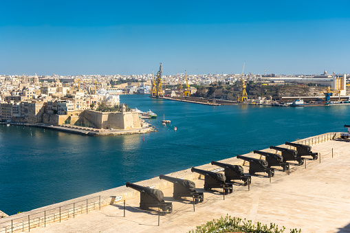 Valletta, Malta, 22 May 2022: View of the cannons of upper barrakka gardens