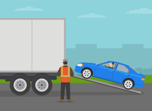 Automobile shipping service. Blue sedan car entering semi-trailer. Shipping truck being loaded by cars. Automobile shipping service. Blue sedan car entering semi-trailer. Shipping truck being loaded by cars. Flat vector illustration template. car side decals stock illustrations