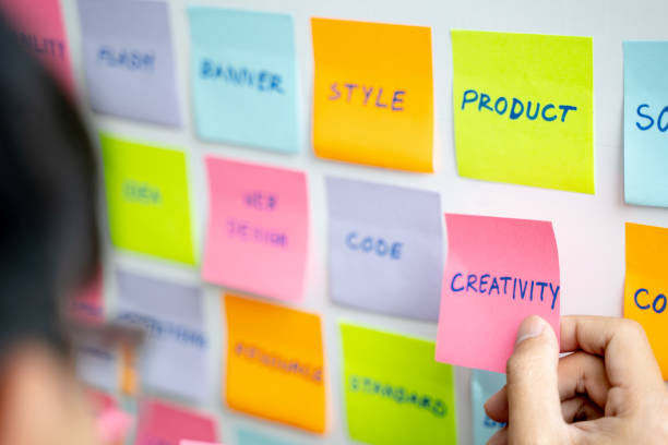 istock Startup co-working, people putting sticky notes in the whiteboard. 1473505475