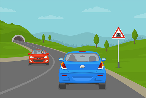 Blue sedan car driving into mountain road tunnel. Tunnel ahead warning road or traffic sign. Flat vector illustration template.