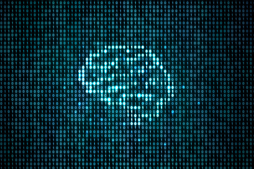 Artificial intelligence symbol on blue binary code on dark background.