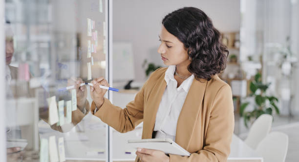 istock Business woman, planning and writing schedule for corporate tasks, project plan or strategy on glass board. Female employee worker or planner taking notes on sticky note for reminder or company goals 1473508747
