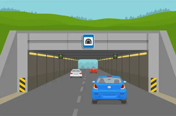 Vector illustration of Blue sedan car driving into tunell. Steam of cars going through the city tunnel.
