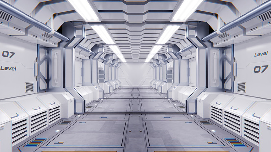 Futuristic architecture Sci-Fi spaceship hallway interior, dirty long corridor. Abstract realistic tunnel. 3D render