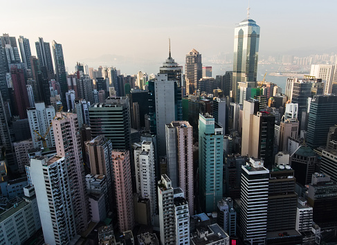 Aerial view of Hong Kong financial district and business centers at Victoria island