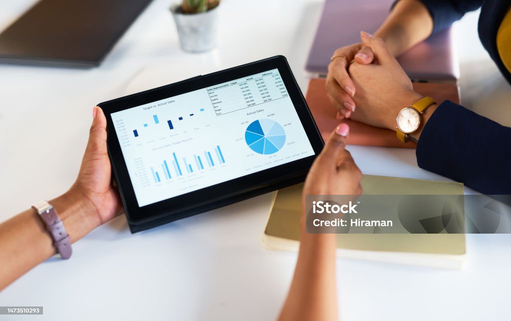 Hands, business people and tablet chart for data analysis, infographic review or dashboard logistics. Digital technology, analytics graphs and meeting to research internet statistics, growth or stats Chart Stock Photo