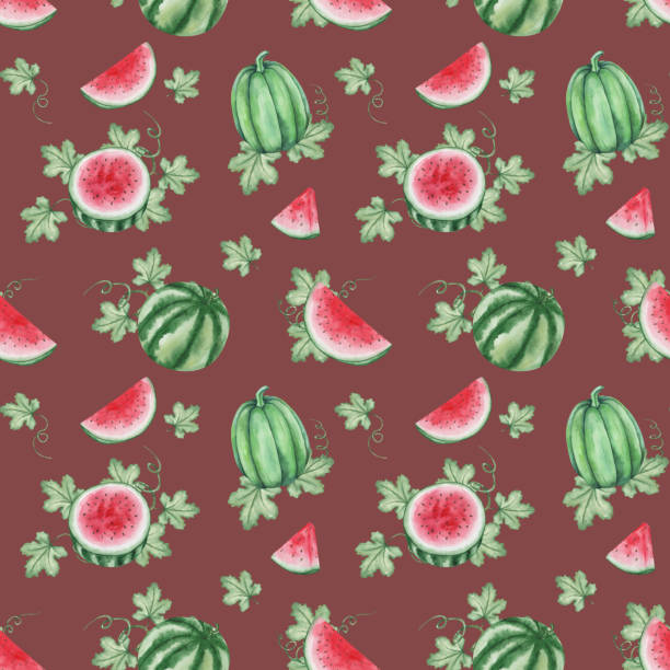 ilustrações de stock, clip art, desenhos animados e ícones de watercolor seamless pattern. hand painted illustration of watermelon cut in half, sliced with leaves and tendrils. summer fruits, sweet berry. print on red background for fabric textile, packaging - red backgrounds watercolor painting striped