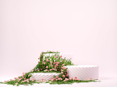 3d spring floral scene with podium display on pink pastel background