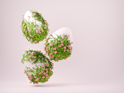 3d spring floral scene with Easter eggs, podium display on pink pastel background with rose flowers. Minimal pedestal for beauty, health, cosmetic product. 3d render