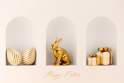 Happy Easter. 3D abstract background with gold Easter eggs, bunny rabbit, flowers, gift boxes on shelf. Holidays greetings card. 3d render