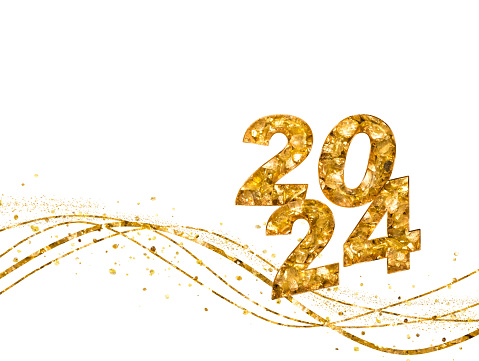 calendar date 2024 golden letters and  particles white background