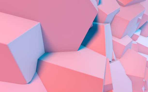 istock Abstract background with 3D shapes flying in pink and blue light as a messy array or chaotic structure for any pastel backdrop. 3D illustration 1473511512