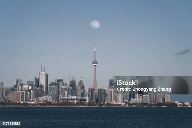Moon On The Cn Tower Stock Photo - Download Image Now - Toronto, Urban Skyline, Architecture