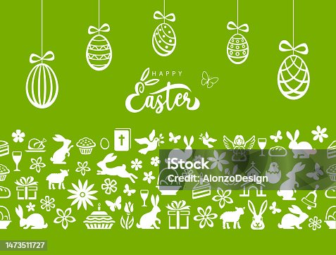 istock Easter Seamless Pattern. Icons with Easter eggs, Tags, Flowers, Bunnies and Butterflies. 1473511727